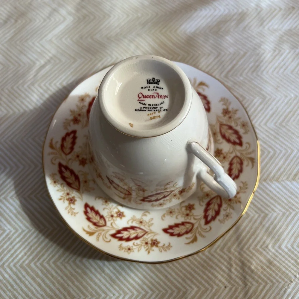 Queen Anne Tea Cup and Saucer Autumn Leaves Pinecones Gilt Bone China England